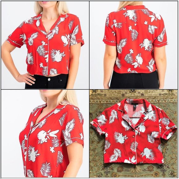 Bright Red Leaf-Print Hawaiian Crop Button-Down Shirt by Forever21 - Size Small - Picture 16 of 16